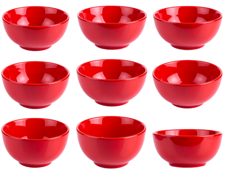 Nine red bowls arranged in a grid formation on a black background, featuring reflections