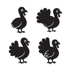 Cute cartoon turkey silhouettes set on white background, fun Thanksgiving bird icons in playful minimal style.