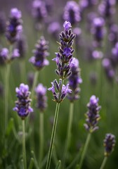 Obraz premium A detailed macro photograph capturing the delicate purple spikes of blooming lavender flowers in a sunny garden setting, emphasizing aroma ,sunlight ,purple ,Lavender