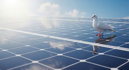 Sunny Futuristic City with Sustainable Energy, Solar Panels and Wind Turbines