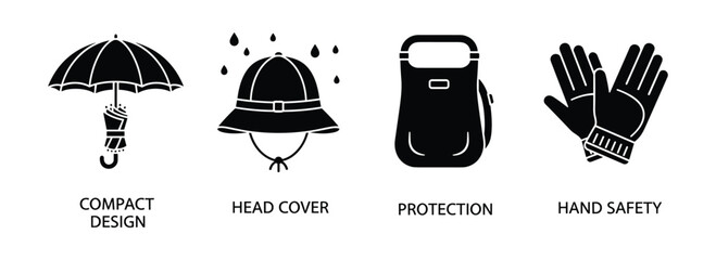 Personal protective equipment icons including compact umbrella head cover face shield hand safety gloves