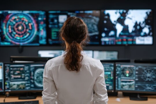 A professional woman standing confidently in front of a row of multiple computer monitors in a cybersecurity research center.