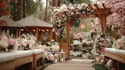Empty welcome board with flowers in romantic garden.