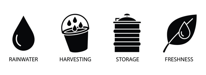 Rainwater harvesting storage and freshness icon set for agricultural and environmental themes