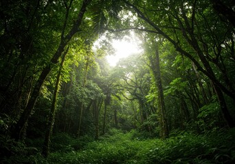 Naklejka premium Intense sunlight filters through the dense, vivid green canopy of a lush tropical volcanic island jungle, highlighting the vibrant ecosystem ,vegetation ,illumination ,growth