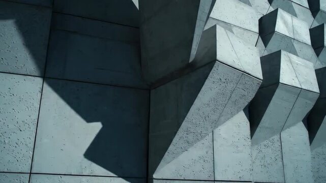 A dynamic abstract shot showcasing repetitive architectural patterns and textures on a building exterior, with light and shadow shifting across the surfaces clean, background loop, motion graphics