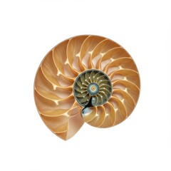 Obraz premium Perfect spiral chambered nautilus shell isolated against a pure white background emphasizing natural mathematical geometry and the golden ratio ,classic ,ancient ,cephalopod