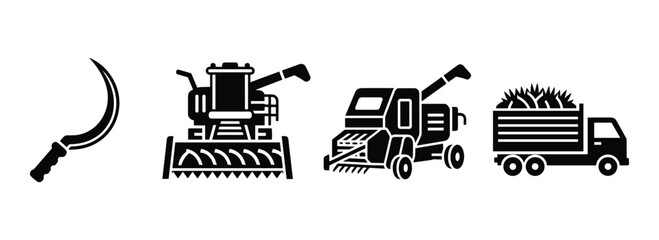 Set of farming machines and tools harvest icons for agricultural industry