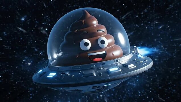 happy poop emoji piloting spaceship through space