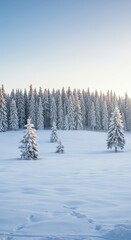 Naklejka premium A pristine, silent winter forest bathed in soft morning light. Thick blanket of fresh powder snow covers evergreen trees and rolling terrain ,white ,cool ,weather
