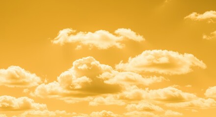 A stunning, saturated yellow sky filled with fluffy white cumulus clouds floating gently across the vast, warm expanse. Peaceful summer backdrop ,serene ,intense ,bright