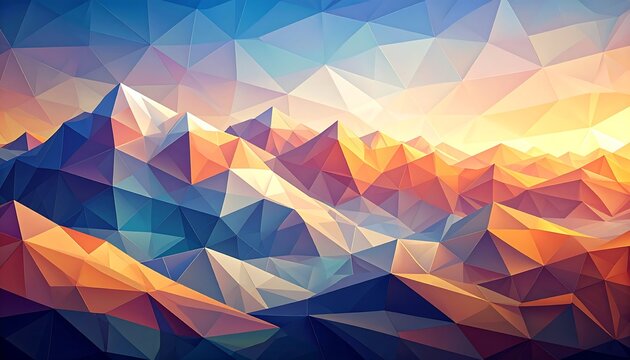 A geometric low-poly landscape of mountains at sunrise or sunset