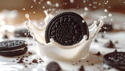 A dark chocolate cookie plunges into a milk splash with other treats