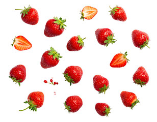 Red, ripe strawberries scattered on a black background. Slice and whole, vibrant, juicy fruit display