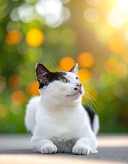 A curious black and white cat gazes upward in a sunlit garden scene