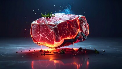 A glowing, surreal piece of meat with rosemary, smoke, and light effects