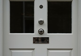 A welcoming residential entrance featuring a classic painted front door, detailed trim, and polished hardware, ready for visitors or residents returning home ,detail ,secure ,access