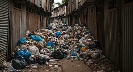 Accumulated household refuse piles high along a narrow, neglected alleyway within a heavily degraded, impoverished settlement area ,dilapidated ,polluted ,crisis