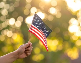 A hand holds a miniature national flag against sunlit greenery