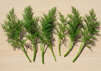 Obraz premium Freshly harvested dill sprigs arranged artfully on a light wooden background, showcasing culinary herbs for cooking and flavoring ,foliage ,anethum ,spice