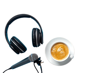 Overhead shot of black headphones, microphone and coffee cup with saucer, isolated against dark background