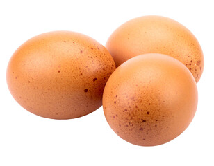 Three brown, speckled eggs clustered together on a black background