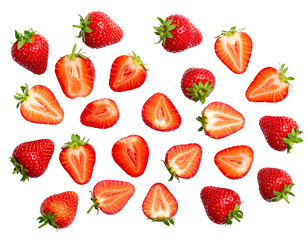 Red, ripe strawberries some whole, some sliced open, arranged on a black background