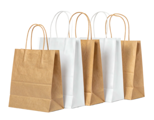 Row of shopping bags - kraft brown and white paper - with rope handles against black background