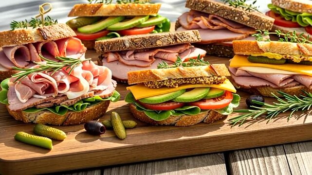 A vibrant display of gourmet sandwiches with fresh ingredients on a wooden board outdoors