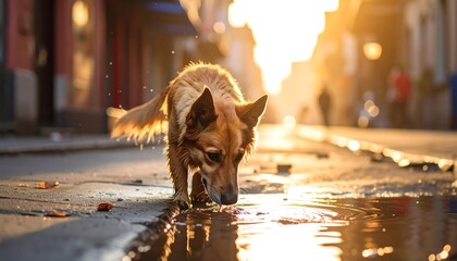 A street dog drinks from a puddle, back-lit by the golden sun