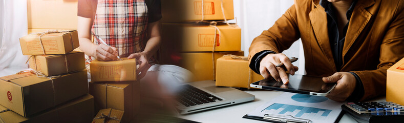 Online sales ideas for work at home. Asian man is answering phone calls. To accept orders from...