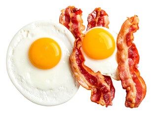 Overhead shot of fried eggs with runny yolks, alongside crispy bacon strips against a solid black backdrop