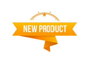 Orange ribbon banner with text "NEW PRODUCT" and decorative arcs, against a black background