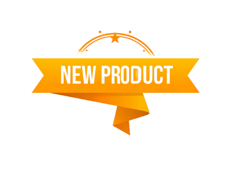 Orange ribbon banner with text "NEW PRODUCT" and decorative arcs, against a black background