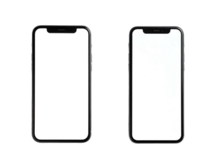 Two phones, screen blank, side-by-side, dark background. Sleek metal casing, rounded corners. Technology product representation