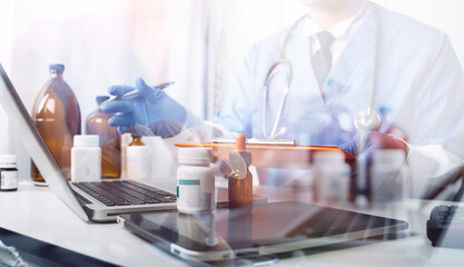 Double exposure of healthcare And Medicine concept. Doctor and modern virtual screen interface.