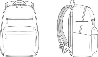 Modern travel backpack design front and side view, detailed technical bag sketch, outdoor gear concept, cad drawing flat vector illustration