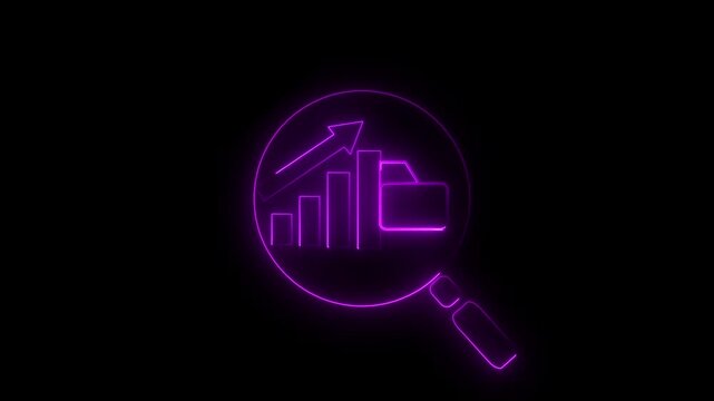 A magnifying glass highlights a declining bar graph beside a file folder with a downwardpointing arrow above the graph 4k animation and black bakground ..