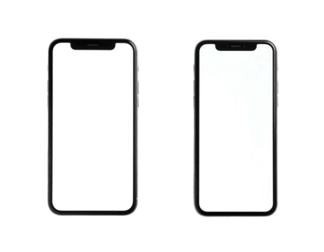 Two phones, screen blank, side-by-side, dark background. Sleek metal casing, rounded corners. Technology product representation