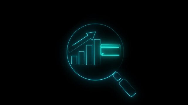A magnifying glass highlights a credit card downward graph suggesting financial analysis or decline 4k animation and black bakground ..