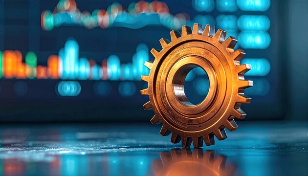 Golden Gear and Stock Charts Financial Investment and Technological Integration Concept