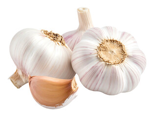 Three bulbs of garlic and one clove, showing layered texture on a black background