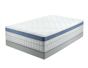 Quilted white mattress with a blue border, layered atop a gray base on a dark, isolated background
