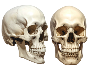 Two human skulls, one facing forward, one in profile, detailed bone structure, and shading give a three-dimensional look