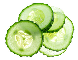 Translucent green cucumber slices stacked against a black background, revealing seedy insides