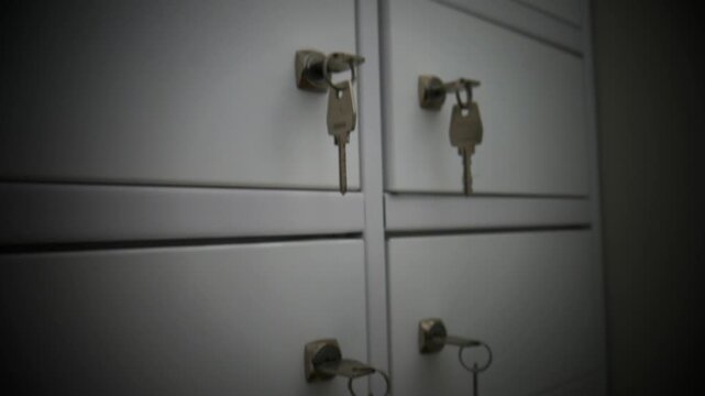 Close-up of many metal safe deposit boxes with keys sticking out of the door wells