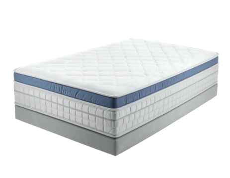 Quilted white mattress with a blue border, layered atop a gray base on a dark, isolated background