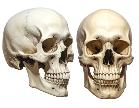 Two human skulls, one facing forward, one in profile, detailed bone structure, and shading give a three-dimensional look