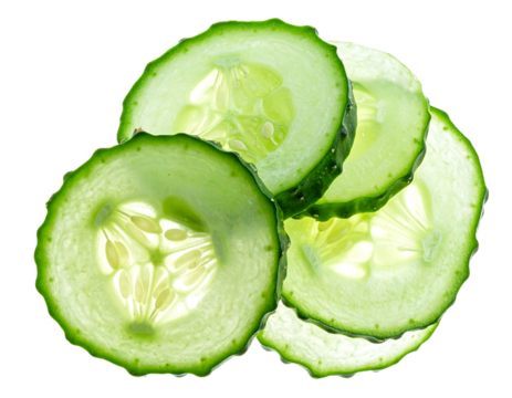 Translucent green cucumber slices stacked against a black background, revealing seedy insides