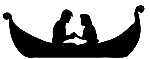 black silhouette of a couple riding a wooden boat